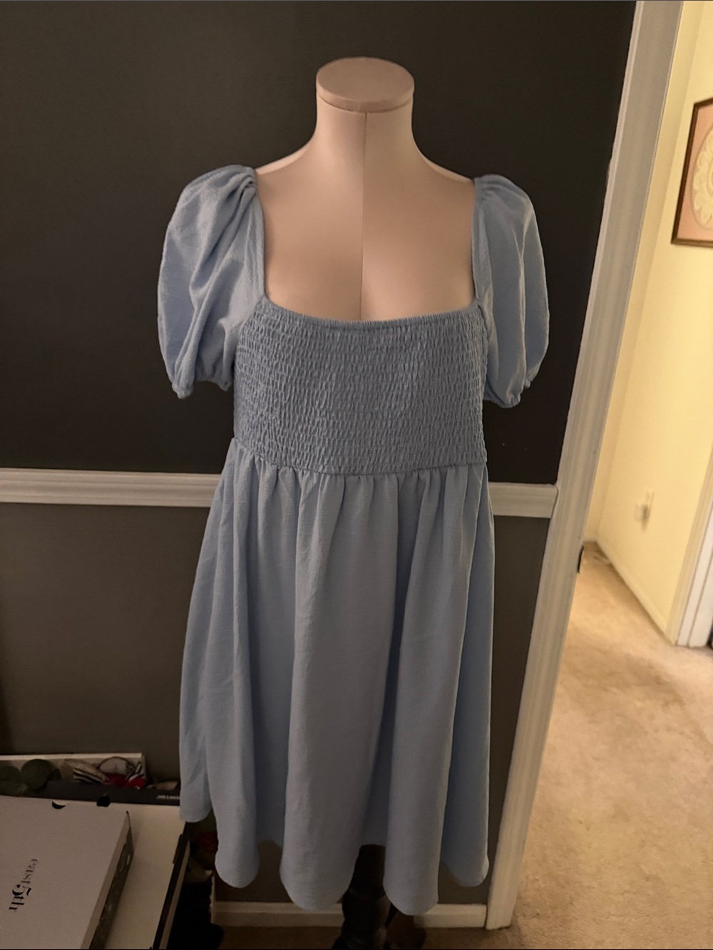 SHEIN Light Blue Smocked Puff Sleeve Midi Dress